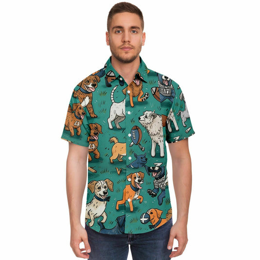 Short Sleeve Button Down Shirt - Doodle inspired pattern of dogs playing American Football